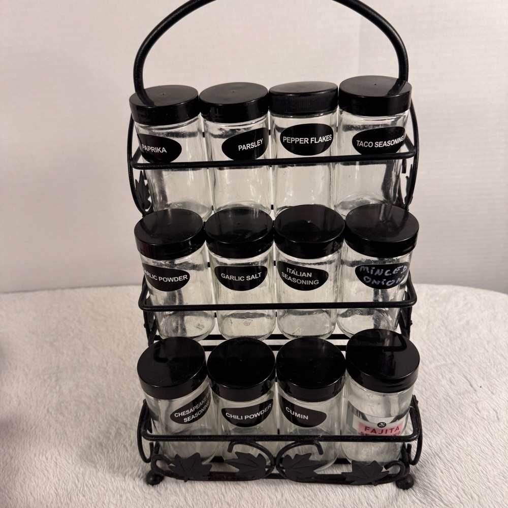 12 Jar 3 Tier Spice Rack Black Metal Scroll Leaf Glass Jars Countertop